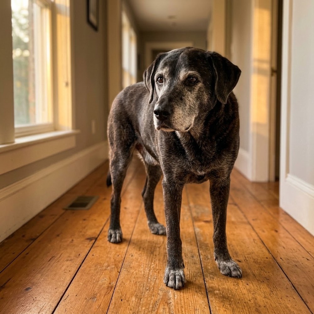 A dog standing square on a hardwood floor